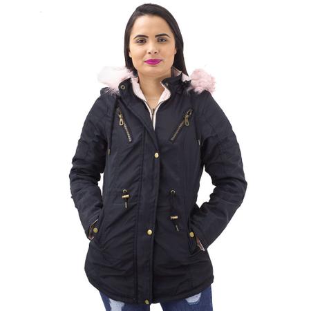 Parka Feminina Dupla Face Safira Preta Rosa Casaco Feminino