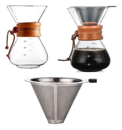 Imagem de Passador De Café Vidro E Coador Inox 350ml Alça Madeira