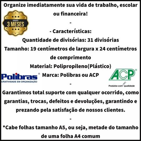 Pasta Sanfonada Média Plástica Duplicata 31 Divisórias 19x24cm ACP e  Polibras Para Guardar e Organizar Documentos e Papéis Dobrados ou Metade A4  - Pastas - Magazine Luiza