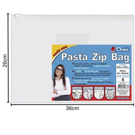 Imagem de Pasta Zip Bag Malote, Ofício, A4 36x26cm Cristal Liso Pct/5 unidades Chies