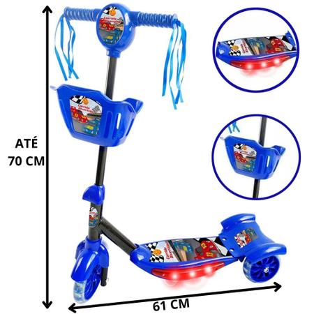 Imagem de Patinete Infantil 3 rodas Corrida com Cesta Azul com Som e Luz 35 Kilos Brinquedo Menino Dm Toys