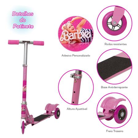 Imagem de Patinete Infantil Scooter Barbie Dobrável Resistente Rosa