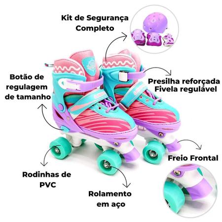 Imagem de Patins Infantil 4 Rodas Roller com Kit de Proteção Violeta 30 ao 33
