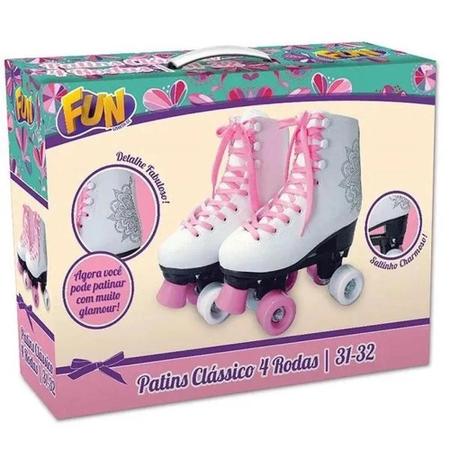 Imagem de Patins Infantil Clássico Branco E Rosa Com 4 Rodas 31/32 Fun