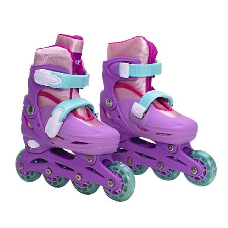Patins Menina 4 Rodas In-line Feminino Criança Rosa e Lilás - Mimo Style Imagem de Patins Menina 4 Rodas In-line Feminino Criança Rosa e Lilás