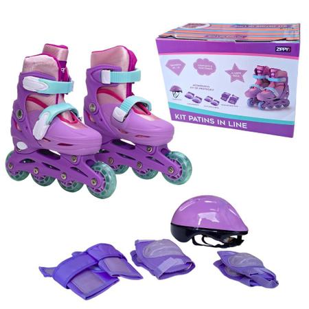 Patins Menina 4 Rodas In-line Feminino Criança Rosa e Lilás - Mimo Style Imagem de Patins Menina 4 Rodas In-line Feminino Criança Rosa e Lilás