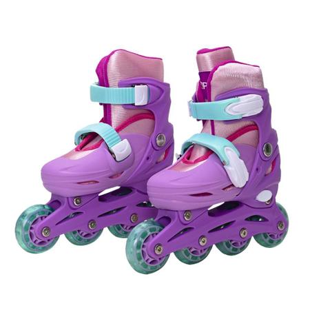 Patins Menina 4 Rodas In-line Feminino Criança Rosa e Lilás - Mimo Style Imagem de Patins Menina 4 Rodas In-line Feminino Criança Rosa e Lilás