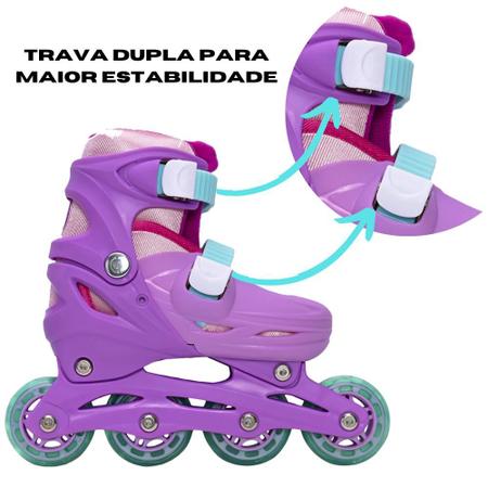 Patins Menina 4 Rodas In-line Feminino Criança Rosa e Lilás - Mimo Style Imagem de Patins Menina 4 Rodas In-line Feminino Criança Rosa e Lilás