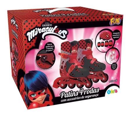 Imagem de Patins Miraculous LadyBug Ajustável Do 33 a 36 C/ Kit De Segurança Capacete, Joelheiras e Cotoveleiras  - Fun