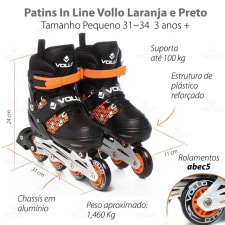 Imagem de Patins Roller Infantil In Line Vollo P Abec 5 Laranja Ajustável Tamanho 31 a 34