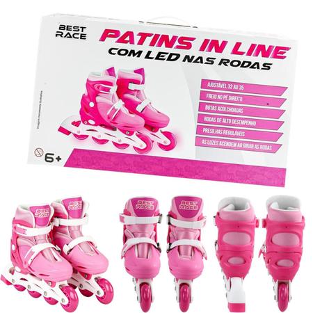 Imagem de Patins Roller Infantil Inline 4 Rodas com LED Menina Rosa Botas Alcochoadas