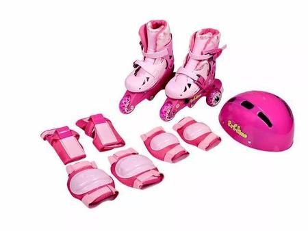 Imagem de Patins Tri-line Rosa Menina Ajustável 30 Ao 33 Kit Proteção