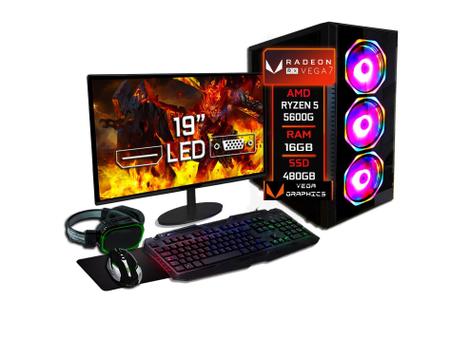 Pc Gamer Completo amd Ryzen 5 5600G, Gráficos Radeon vega 7, 16GB DDR4, ssd  NVMe 256GB, Fonte 600W 80 Plus, Monitor 21.5 75Hz, Skill rgb - SR-013 no  Shoptime