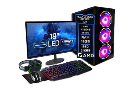 PC Gamer Barato Completo Monitor + Kit Gamer + CPU AMD Ryzen 5 2400g / 8GB  DDR4 / Placa de Vídeo Vega 3 - Nivel 10