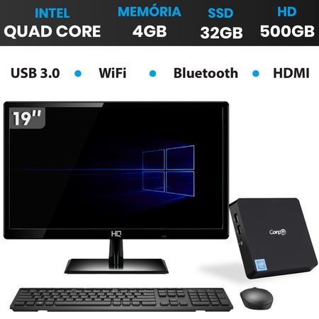 Imagem de PC Mini CorpC Box Intel Quad Core 4GB SSD 32GB + HD 500GB Monitor LED 19" Windows 10 Pro WiFi Bluetooth HDMI 