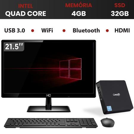 Imagem de PC Mini CorpC Box Intel Quad Core 4GB SSD 32GB Monitor LED 21,5" Windows 10 WiFi Bluetooth HDMI 