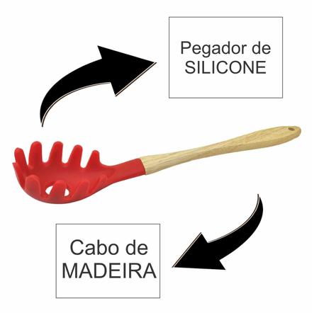 Imagem de Pegador de Silicone Massa Macarrão Salada Utensílio de Cozinha Cabo de Madeira Vermelho