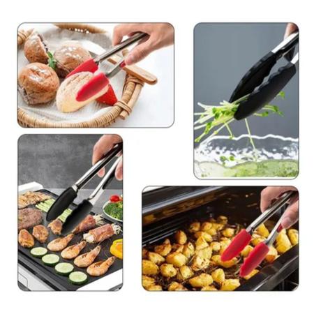 Imagem de Pegador Universal Silicone Corpo em Aço Inox 25 CM Carne Churrasco Salada Cozinha Pinça Preto