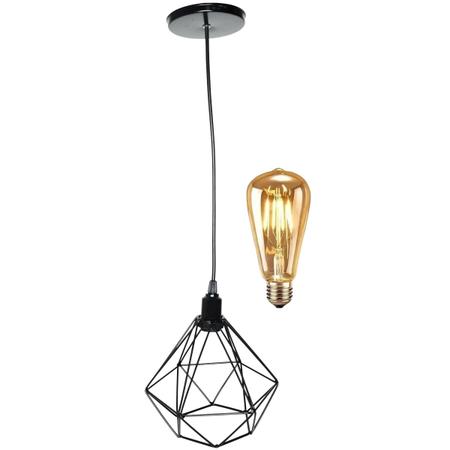 Imagem de Pendente Aramado Diamante Luminária Lustre Retrô Balcão + Lâmpada Led ST64 Vintage Teto