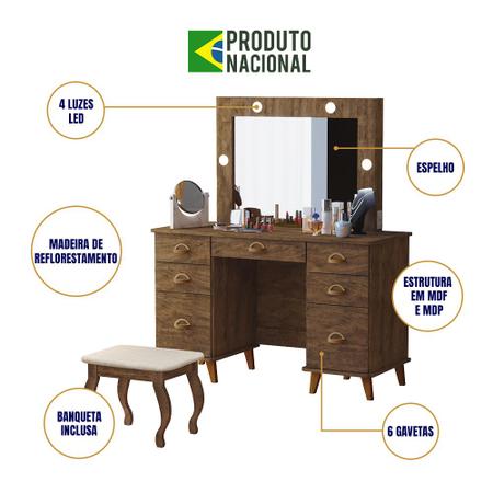 Imagem de Penteadeira Camarim Premium com Espelho Banqueta Almofadada e Luzes Led Seul - Malbec
