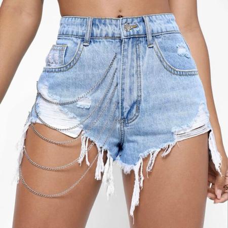 Perfil de Luxo Short Jeans Feminino Barra Desfiada Com Correntes