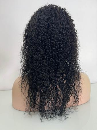 Imagem de Peruca cabelo humano cacheada preta com franja 45cm ondulada