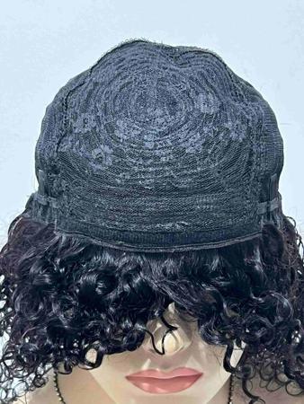 Imagem de Peruca cabelo humano cacheada preta com franja 45cm ondulada