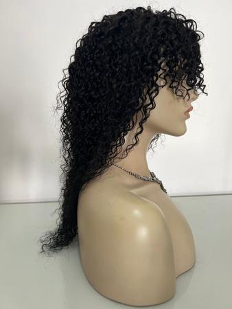 Imagem de Peruca cabelo humano cacheada preta com franja 45cm ondulada