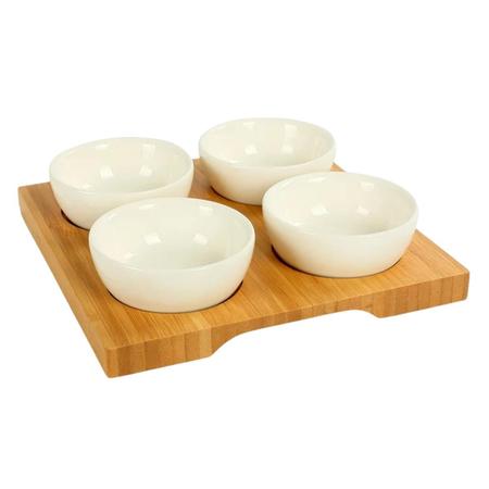 Imagem de Petisqueira Bambu Com 4 Potes Bowls De Ceramica Petiscos Yoi