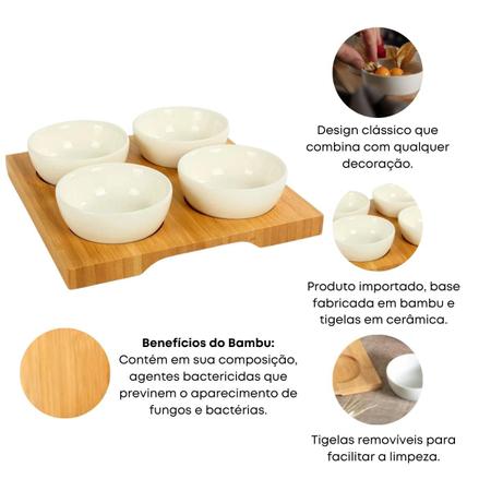 Imagem de Petisqueira Bambu Com 4 Potes Bowls De Ceramica Petiscos Yoi