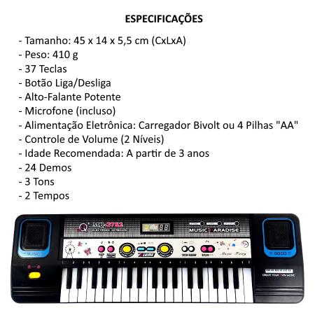 TECLADO INFANTIL PIANO COM MICROFONE KARAOKE 37 TECLAS MUSICAL EDUCATIVO  ESTILO PROFISSIONAL