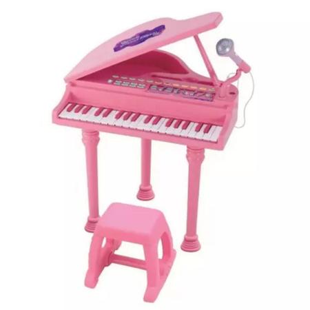 Piano Teclado Infantil Com Microfone Suporte Banquinho Show Cor Rosa
