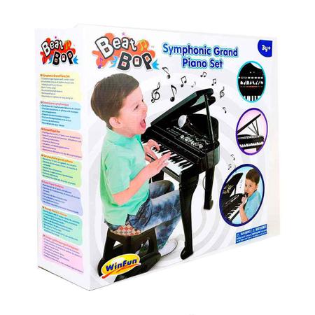 Piano Teclado Infantil Com Microfone Suporte Banquinho Show Cor Rosa