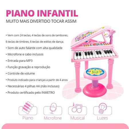 Piano Teclado Infantil C/ Microfone E Banquinho Rosa Inmetro Cor