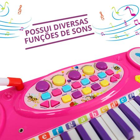 Piano Teclado Infantil C/ Microfone E Banquinho Rosa Inmetro Cor