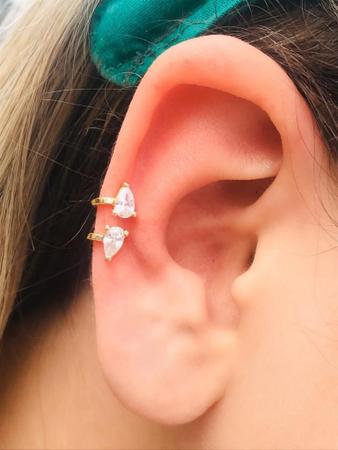 Piercing Fake Orelha Branco Cartilagem Folheado Ouro Par - Shelook