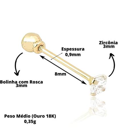 Piercing De Orelha Reto Bolinha 3mm Ouro 18k 750