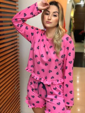 Pijama Feminino blusa Manga Longa e short estampado Inverno