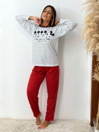 Imagem de PIJAMA FEMININO MANGA LONGA INVERNO ADULTO COM CÓS GROSSO  DE MALHA ESTAMPA mickey vermelho P M G GG