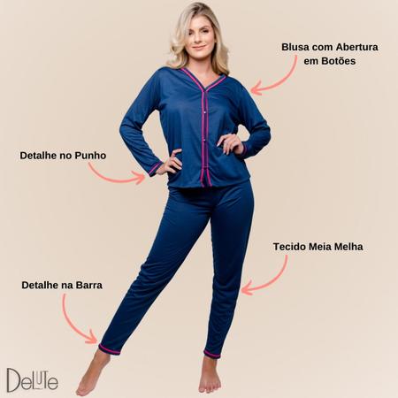 Imagem de Pijama Feminino Modelo Americano Aberto com Botões Meia Malha Manga Longa e Calça De inverno