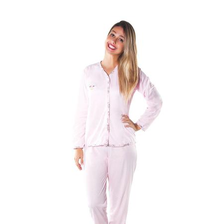 Imagem de Pijama Longo Feminino Linha Basica Lilas Bordado Com Botão