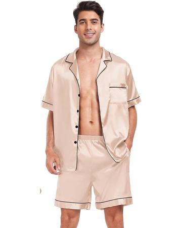 Imagem de Pijama Masculino Marcos em Cetim com Elastano Short e Camisa Manga Curta com Bolso e Botões - Champanhe