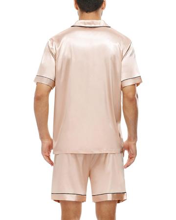 Imagem de Pijama Masculino Marcos em Cetim com Elastano Short e Camisa Manga Curta com Bolso e Botões - Champanhe