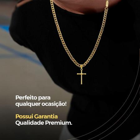 Imagem de Pingente Cruz + Cordão Banhado Aço Inox + Pulseira Grumet