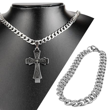 Imagem de Pingente Cruz Pai Nosso + Pulseira + Cordão Aço Inox Prata