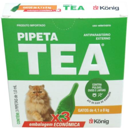 Imagem de Pipeta Tea 1,0 ml Antiparasitário Contra Pulgas P/ Gatos de 4,1 até 8 Kg C/ 3 unid. Kit C/ 6 Cxs