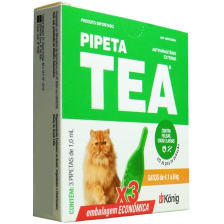 Imagem de Pipeta Tea 1,0 ml Antiparasitário Contra Pulgas P/ Gatos de 4,1 até 8 Kg C/ 3 unid. Kit C/ 6 Cxs