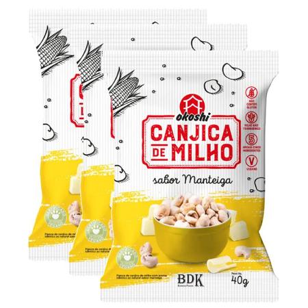 Imagem de Pipoca Canjica Milho sabor Manteiga Vegana, Sem Glúten Okoshi contendo 3 pacotes de 40g cada