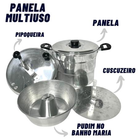 Imagem de Pipoqueira Cuscuzeiro Panela Multiuso 4 Em 1 Cuscuz Pudim Pipoca Legumes a Vapor Alumínio