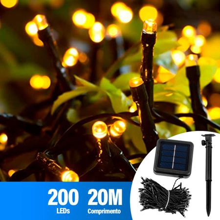 Imagem de Pisca 200 Lâmpadas Led Solar Lâmpadas Colorida ou Dourado 20m 8 Modos Decoração Natal Enfeite Luzes Jardim Quintal Garagem Externa